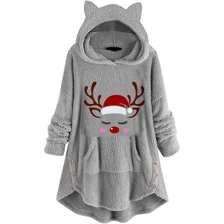 Hætte fleecejakke til kvinder, varm vinterjakke, fortykket julefrakke til kvinder, varm frakke, lange ærmer, sød hættetrøje, sweaterjakke med lomme,