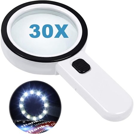 Magnifying Glass With 12 Led Lights, 30x Double Glass Lens Handheld Illuminated Magnifier