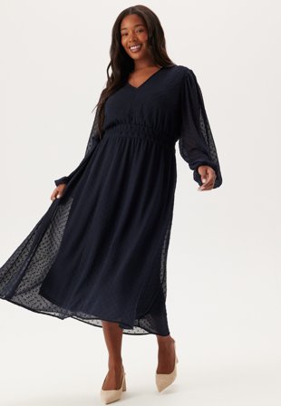Happy Holly - Dobby Dot Smock Midi Dress - Dark blue - Kläder - - Bubbleroom