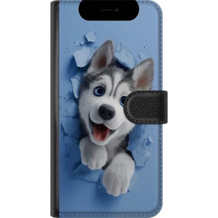 Kompatibelt Plånboksfodral till OnePlus OnePlus Nord CE 2 Lite 5G Söt huskyvalp med stora blå ögon som tittar fram genom sönderbruten vägg i mju