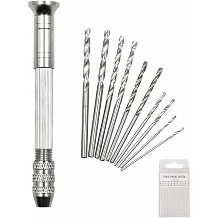 11-osainen miniporakoneen muotoilusarja 9 cm:n käsipora 0,8-3 mm:n kierukkaporalla