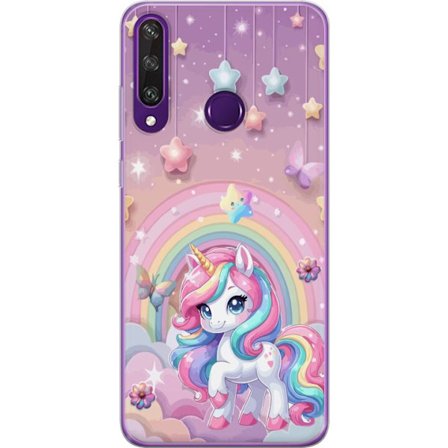Kompatibel Mobilcover til Huawei Y6p Magisk enhjørning med regnbue manke, stjerner og sommerfugle mod en pastelfarvet himmel med skyer