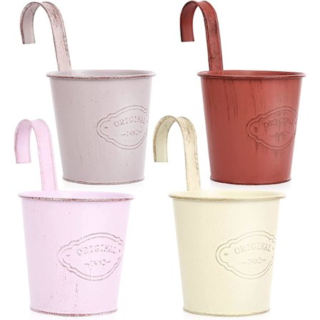 Farverige små hængende blomsterkrukker med aftagelige kroge, altan blomsterkrukker i metal, retro hængende blomsterkrukker til altan dekoration, 