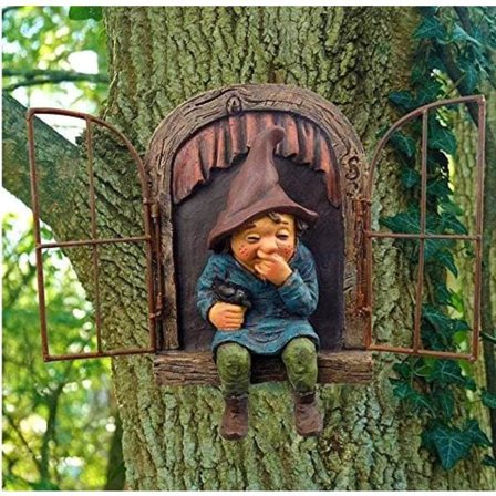 Hagegnom Statue, Elf Ute Ved Døren Tre-Klemmer - 5,9 Tommer, Morsom Hage Tredekorasjon, Patio Hageplen Veranda Dekorasjon