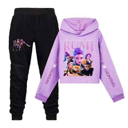 (AZC) KPOP Demon Hunter Girls Cropattu huppari & Kjol-setti - Lila-setti Purple XX -setti Purple XX