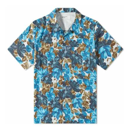 Universal Works, Camp Shirt Organic Print Blauw, Heren, Maat:L