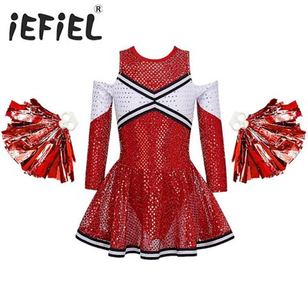 Lasten tyttöjen cheerleader-asu, olkapäät paljaat, kiiltävät paljettimekot ja kukkatupsut cheerleading-tanssiin