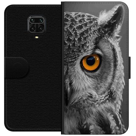 Kompatibelt Lommeboketui til Xiaomi Redmi Note 9 Pro Svart og hvit nærbilde av en ugle med kraftig oransje øye og detaljert fjærstruktur.