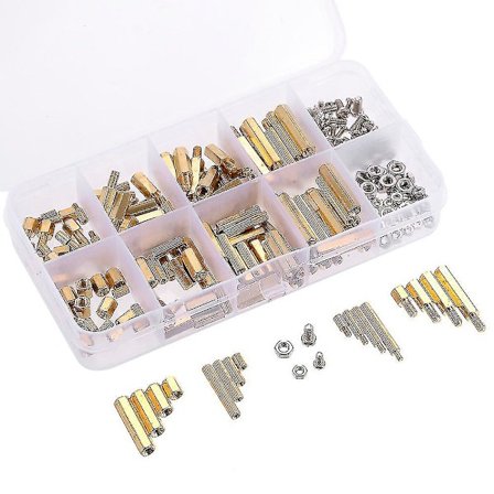 240 kpl M3 ruuvit, kierteitetyt välikappaleet, uros-naaras messinkiset välikappaleet, piirilevy, kuusiokantaruuvit, mutterivalikoima, laitteisto