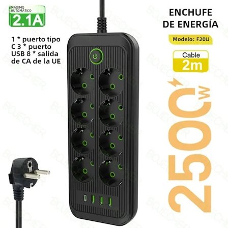 Grenuttag med USB och överspänningsskydd, EU-kontakt Multigrenuttag med 2M förlängningskabel, Nätverksfilter för hem och kontor