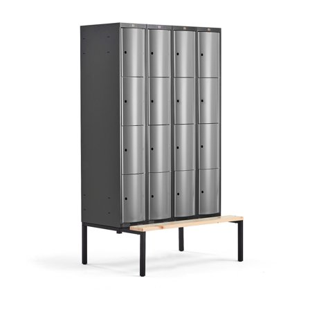 Kleiderspind CURVE mit Sitzbank, 4 Module/4 Türen, 2120 x 1200 x 550 mm, Silbergrau