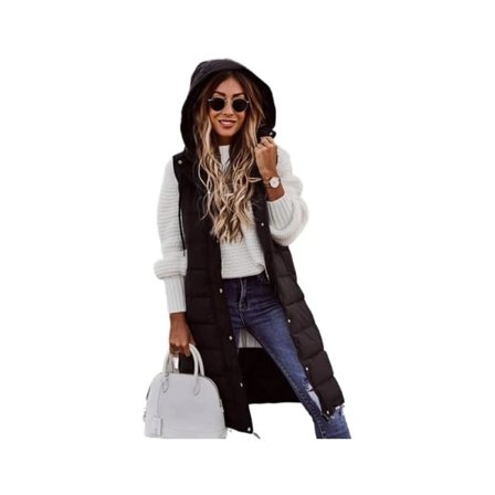 Dunväst Lång varm vinterjacka med luva vadderad kappa - svart storlek L