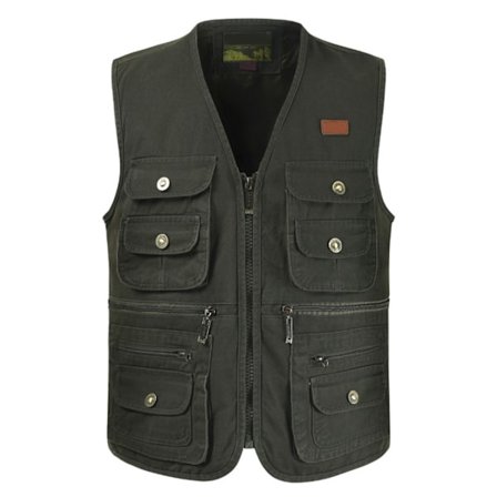 Cargo Vest med Flere Lommer Myk Pustende Ren Bomull Glatt Glidelås Fiskevest for Utendørs Journalist Den Gamle Grønne XL