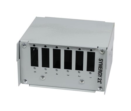 SYNERGY LWL-Patchpanel für Hutschiene(DIN), 6xSC-Duplex/LC-Quad-Buchsen, ohne Kupplungen, Lichtgrau, Synergy 21,