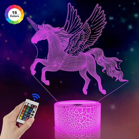 Enhjørning Ved Siden Af Lampe 3d Optisk Illusion Natlys, 16 Farver Skiftende Fjernbetjening Nat