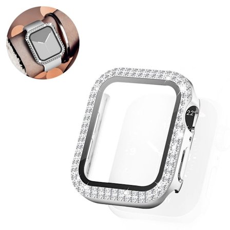 Apple Watch 44mm rhinestone decor cover + hærdet glas - Sølv