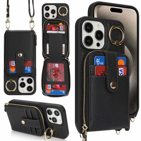 Fodral för iPhone15 6.1 Svart Ring Korthållare Företagsinsats Multifunktionellt Anti-fall Spot