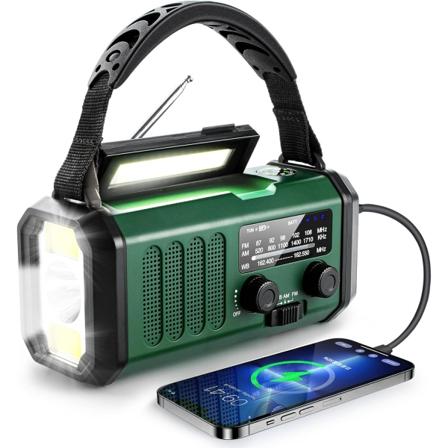 Nødradio med håndsving, solenergi og USB-opladning - 10000mAh batteri - NOAA/AM/FM vejrradio - LED-lommelygte og læselys - SOS-alarm