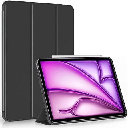 Cover til iPad Air 11 Tommer - E.F.CONNECTION - Stødabsorberende Beskyttelse - Vækkeur-Støtte - Sort PU Læder