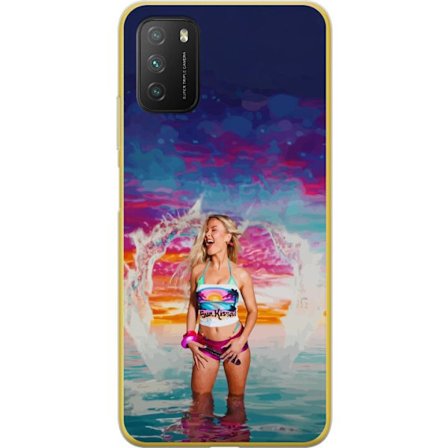 Kompatibel Mobilcover til Xiaomi Poco M3 Blond kvinde i farverigt strandtøj, der leger i havet ved solnedgang