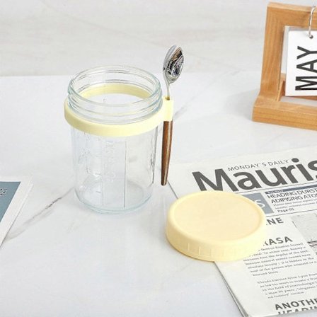 Glasbeholder til havregryn med ske - Bred åbning til overnight oats, flager, yoghurt - Lufttæt forsegling og lækagesikker låg Blå 350ML 350ML