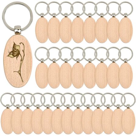 30 stykker ovale nøkkelringer i tre, ubehandlede nøkkelringer i tre, nøkkelringer i tre som kan graveres, for DIY-håndverksprosjekter