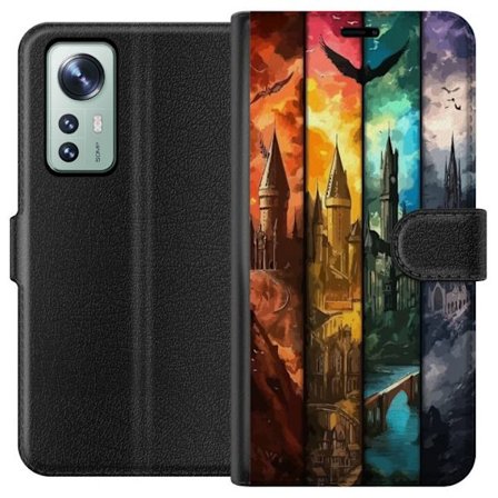 Kompatibel Tegnebogsetui til Xiaomi Xiaomi 12 Fire magiske slotte i forskellige elementfarver, episk fantasykunst med ild vand luft og mørke i detalj