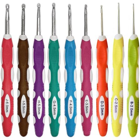 9-delt Ergonomisk Aluminium Hæklenålssæt med Bløde Greb til