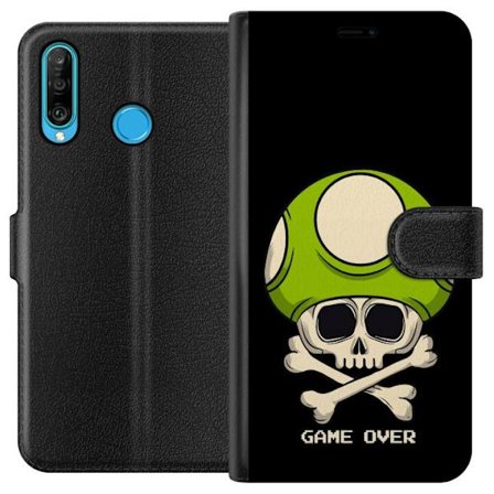 Yhteensopiva Lompakkokotelo Huawei Huawei P30 lite Pelimotiivi, jossa on kuolonsyöjä ja vihreä sieni retro pelityylillä ja tekstillä game over