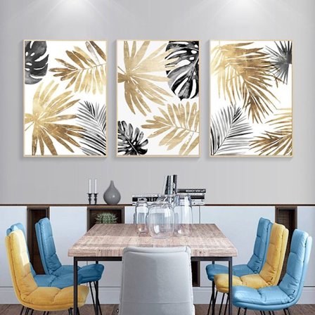 3 Deler kompatibelest Tre Gylne Palmeblader Lerret Maleri Veggkunst Bilde kompatibel Stue Soverom Hjem Dekor 30x40cm (Uten Ramme)