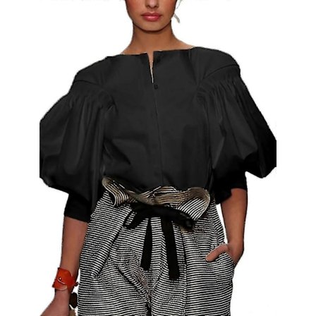 Dam Blus med Puffärm, Knäppning, Halv Ärm, Ledig, Elegant Kontorsskjorta Topp NEHXV