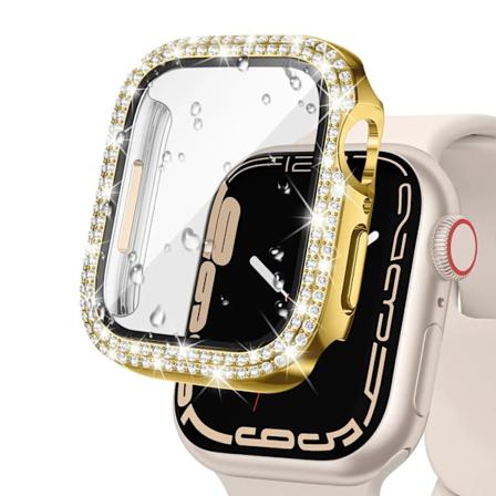 Glass+Diamond Deksel for Apple Watch etui 40mm 44mm 41mm 45mm 38mm 42mm Bling Bumper Beskytter iWatch serie 9 3 5 6 7 8 se etui gull Y gold 41mm 