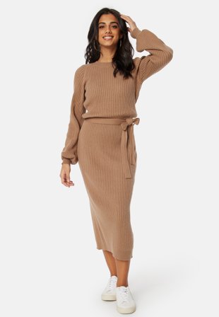 BUBBLEROOM Round Neck Rib Knitted Midi Dress Klær
