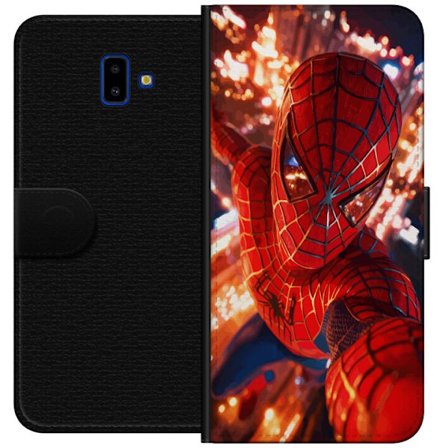 Kompatibelt Plånboksfodral till Samsung Samsung Galaxy J6+ Spider Man i intensiv action med gnistrande ljus och dynamiskt perspektiv i filmisk superh