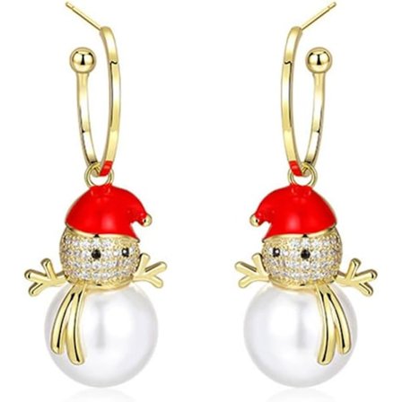 Søte snømann perle dinglende øredobber 14K gullbelagt Cubic Zirconia Jul dinglende dråpe bøyle øredobber Xmas julebord