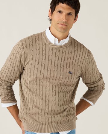 Lexington Kabelstickad bomullströja med blekt finish, beige