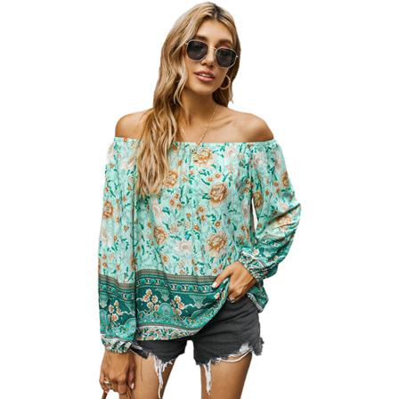 Sommar Print Axelbandslös Blus Kvinnor Printed Sexig Off Sho