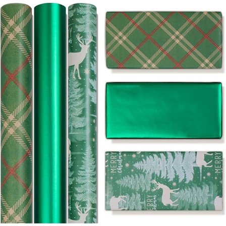 Gavepapir Stor Rulle 43cmx3m Grønt Gavepapir 3 Ruller Kraft Julegavepapir Trykt med Elg og Juletræ Retro