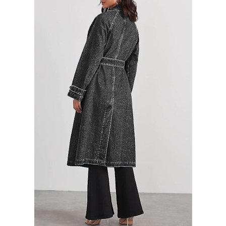 Naisten vintage pitkä farkkutakki, väljä istuvuus, kaksirivinen denim-takki, vyöllinen trenssi Black