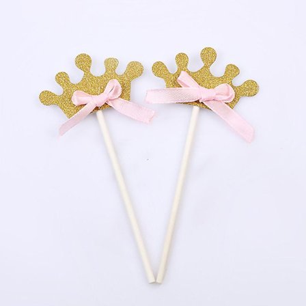 Gull glitter krone cupcake toppers og rosa sløyfe, 50 pakke kakedekorasjon toppers for dessertbord, jul