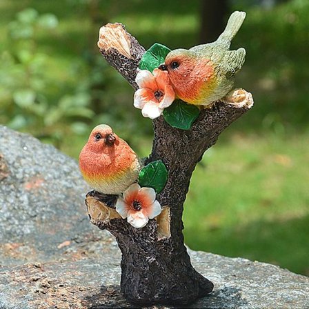 Rødhals på gren med blomst, dekorative fuglefigurer, have statue ornamenter udendørs dekoration til gård, terrasse, vindueskarm, indendørs, udendørs 