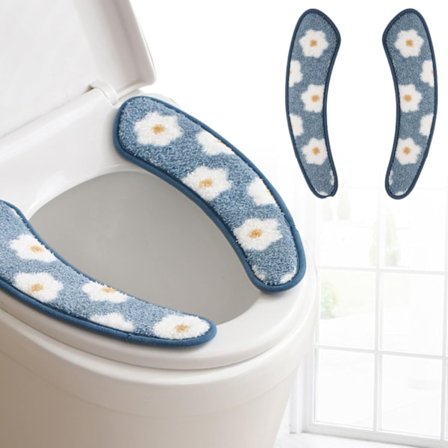 Tjockt Varmt Tvättbart Återanvändbart Toalettsitsöverdrag med TPR-fäste, Blomstermönster för Komfort & Isolering - Blå
