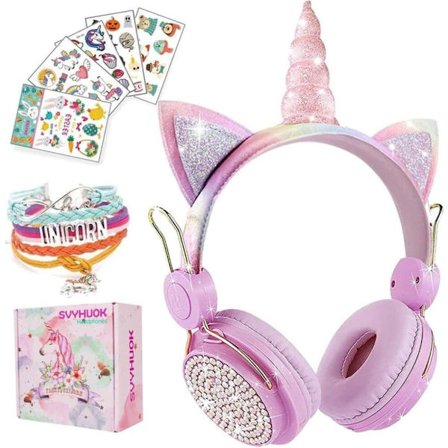 Unicorn Kids Bluetooth-hörlurar för flickor, trådlösa hörlurar med mikrofon för tonåringar, säker volymbegränsad 85db POM Kattöra Over-Ear Headset HD
