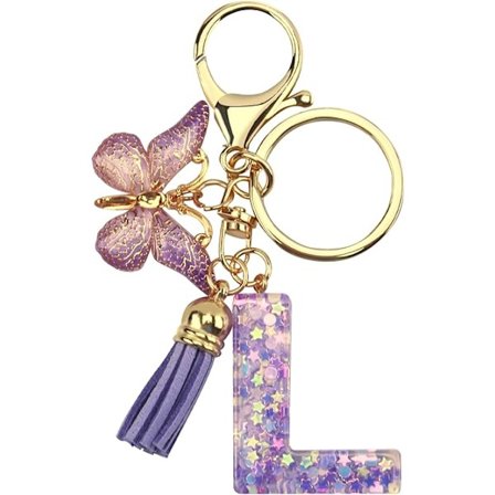 Nyckelring med alfabetets initial, lila initialnyckelring med fjärilstofs, nyckelring i harts för kvinnor, plånböcker, väskor, bokstav.