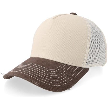 Equip - Beige trucker Cap - Distressed Stone/Brown Pigment Washed A-frame Trucker @ Hatstore