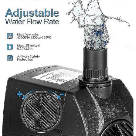 Springvandspumpe, 400gph nedsænkbar vandpumpe, 25w udendørs springvandspumpe, 2,5 m løftehøjde, 3 dyser til akvarium, dam, fisketank, hydroponisk W