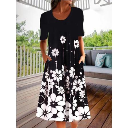 Sommar Dam Vintage Printed Klänning Casual Halv Ärm O-