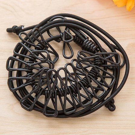 2X - 175 cm per lina - Campingtvättlina med reflekterande elastiskt band - Klädlina med 12 metallklämmor vardera (Svart/Svart)