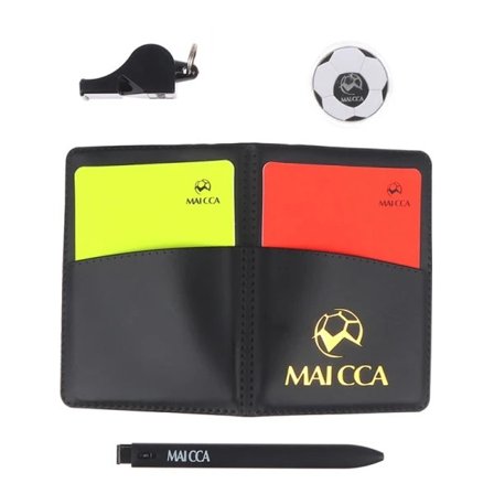 Fotballfløyte dommer mynt fotballkort med penn notatbok svart