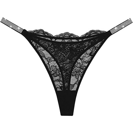 2025 Senaste Modell Sexiga Trosor för Kvinnor Andningsbara Spetsunderkläder Strassrem G-String Stretch Trosor Svart Medium